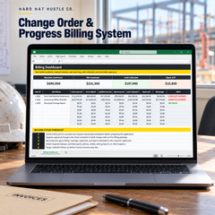 Illustrative laptop product mockup of Change Order & Progress Billing System showing its spreadsheet in a construction office.