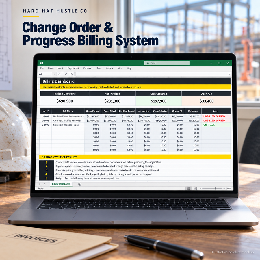 Illustrative laptop product mockup of Change Order & Progress Billing System showing its spreadsheet in a construction office.