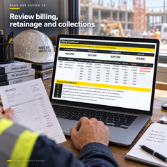 Illustrative product-in-use workflow mockup of Change Order & Progress Billing System showing its spreadsheet in a construction office.