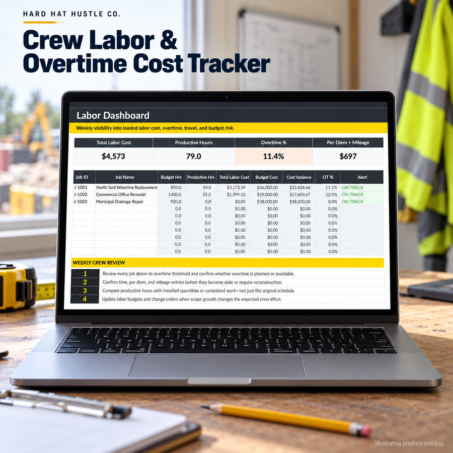 Illustrative laptop product mockup of Crew Labor & Overtime Cost Tracker showing its spreadsheet in a construction office.