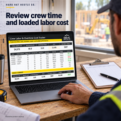Illustrative product-in-use workflow mockup of Crew Labor & Overtime Cost Tracker showing its spreadsheet in a construction office.