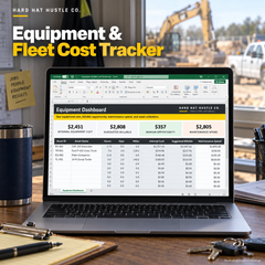 Illustrative laptop product mockup of Equipment & Fleet Cost Tracker showing its spreadsheet in a construction office.