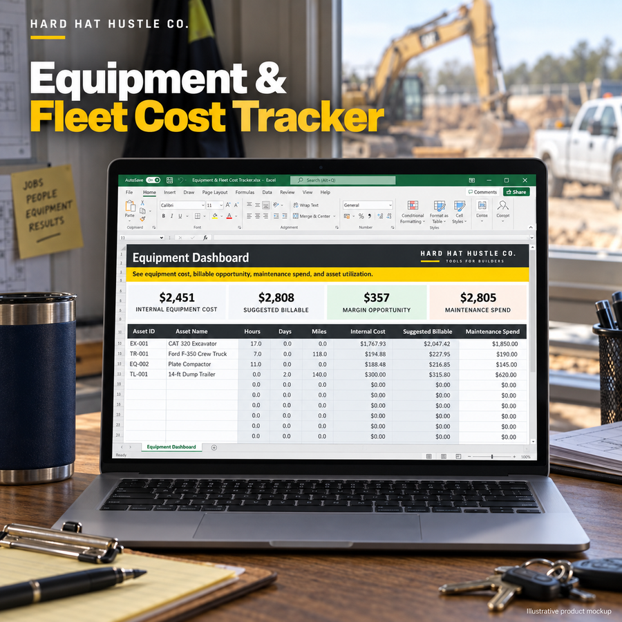 Illustrative laptop product mockup of Equipment & Fleet Cost Tracker showing its spreadsheet in a construction office.