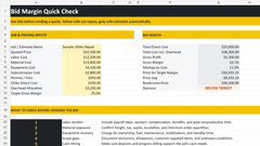 Actual Bid Quick Check worksheet preview from Contractor Bid Margin Quick Check, showing included sample data.