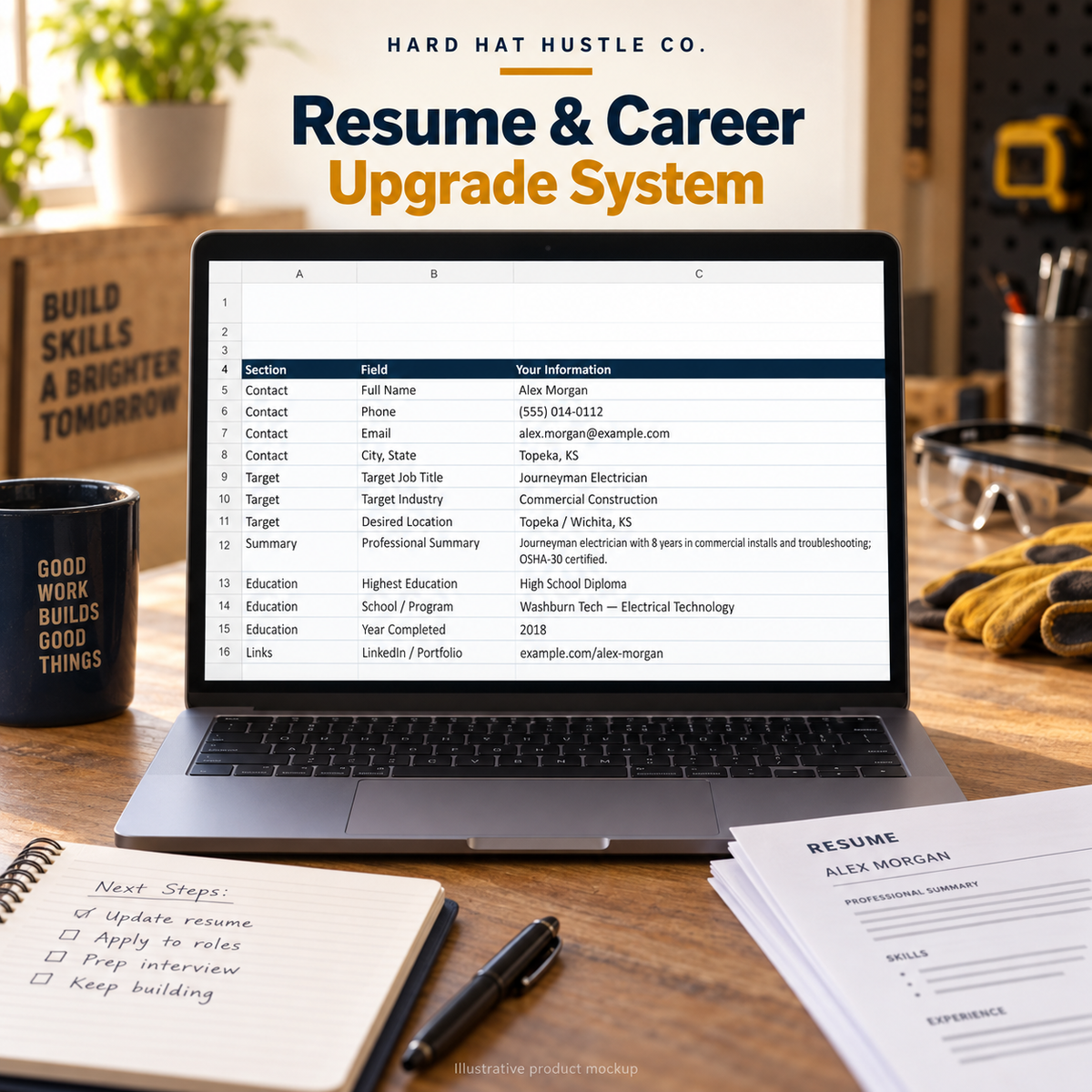 Illustrative product mockup of the Resume & Career Upgrade System information worksheet on a laptop beside resume planning materials.