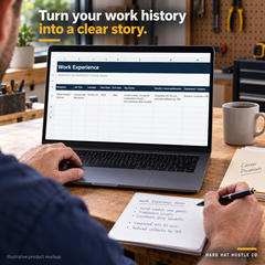 Illustrative product mockup of a skilled-trades professional documenting duties and accomplishments in the Work Experience worksheet.