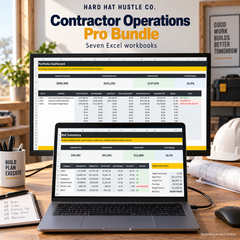 Illustrative product mockup of actual Bid Summary and Portfolio Dashboard worksheets from the Contractor Operations Pro Bundle on a laptop and monitor.