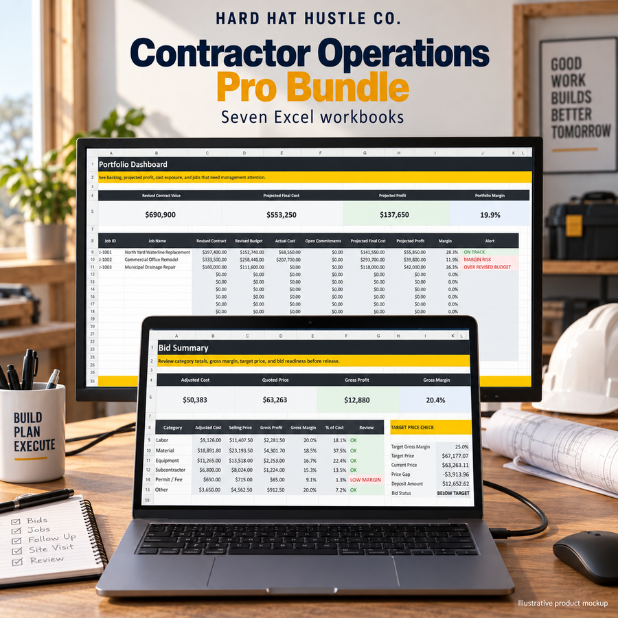 Illustrative product mockup of actual Bid Summary and Portfolio Dashboard worksheets from the Contractor Operations Pro Bundle on a laptop and monitor.