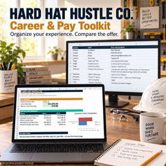 Illustrative product mockup of the Career & Pay Toolkit showing job-offer comparison and resume information worksheets on a laptop and monitor.