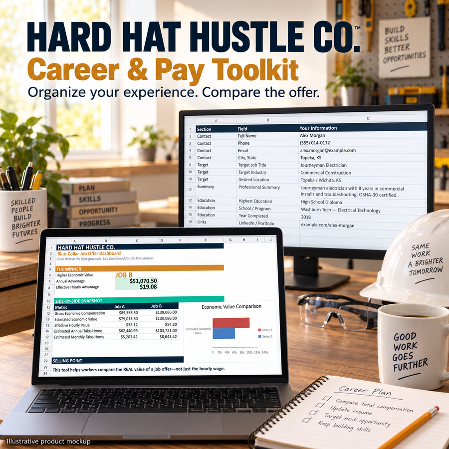 Illustrative product mockup of the Career & Pay Toolkit showing job-offer comparison and resume information worksheets on a laptop and monitor.