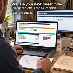 Illustrative product mockup of a skilled-trades professional reviewing job-offer comparison and work-experience worksheets while planning next career steps.