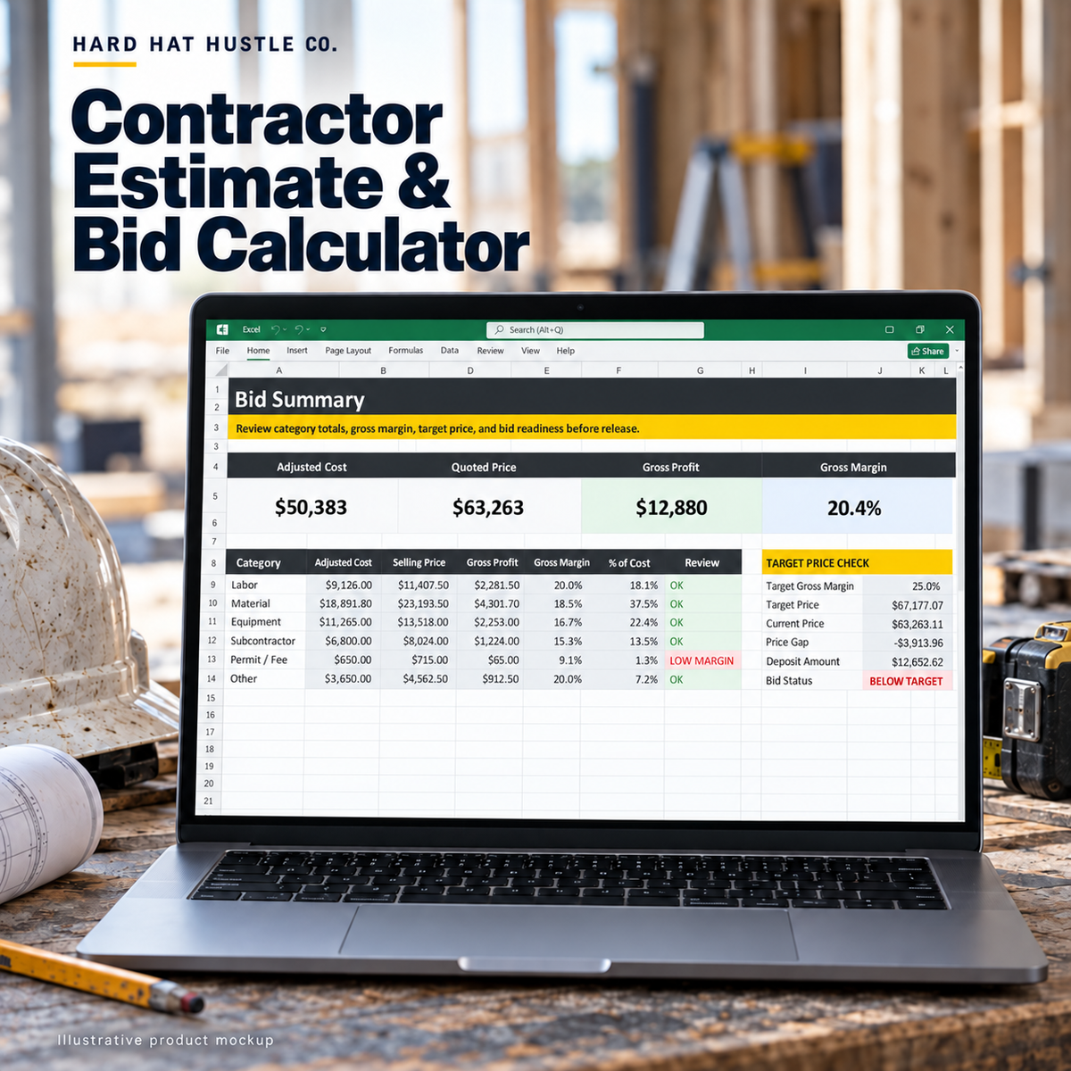 Illustrative product-in-use mockup of Contractor Estimate & Bid Calculator, based on its actual workbook worksheet.