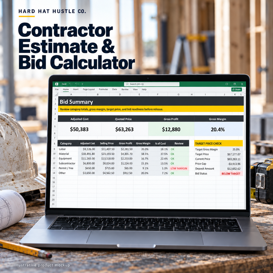 Illustrative product-in-use mockup of Contractor Estimate & Bid Calculator, based on its actual workbook worksheet.