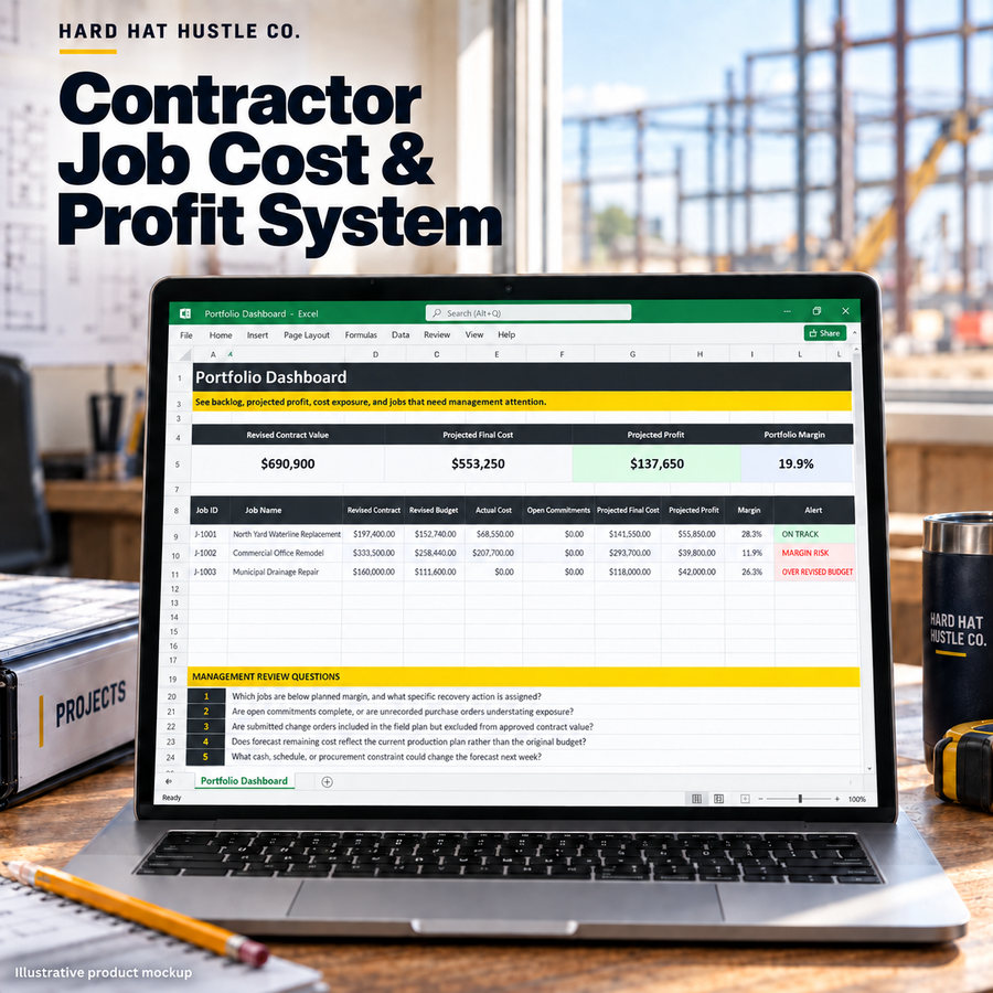 Illustrative product-in-use mockup of Contractor Job Cost & Profit System, based on its actual workbook worksheet.