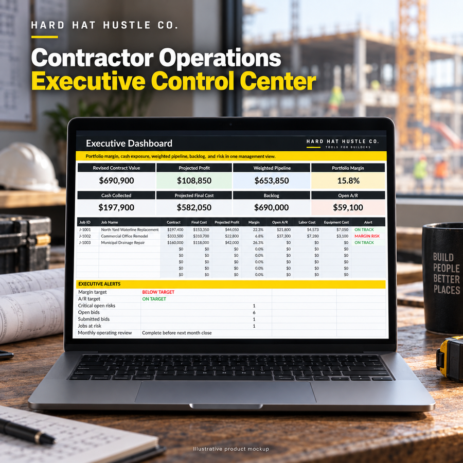 Illustrative product mockup of the Contractor Operations Executive Control Center dashboard on a laptop in a construction office.