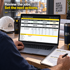 Illustrative product mockup of a contractor reviewing portfolio KPIs and writing weekly actions beside the Executive Control Center workbook.
