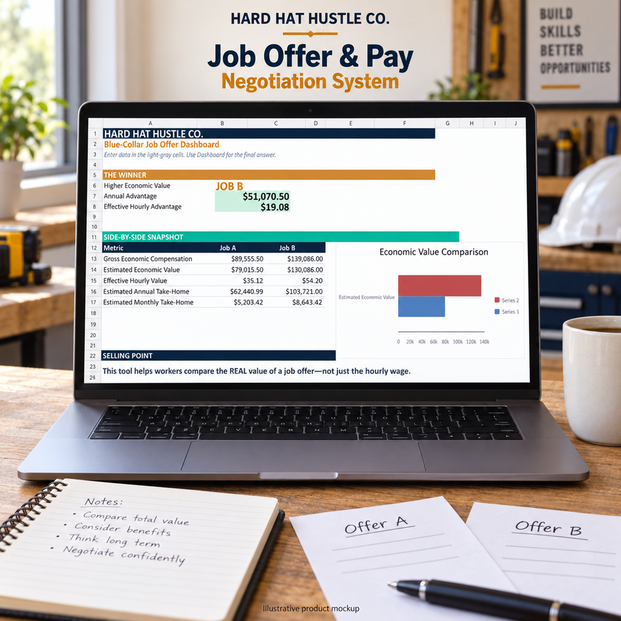 Illustrative product mockup showing the Job Offer & Pay Negotiation System's side-by-side Job A and Job B comparison on a laptop.