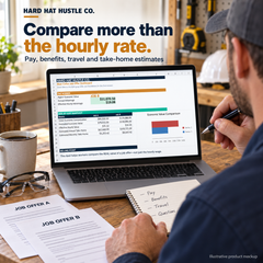 Illustrative product mockup of a skilled-trades professional comparing two job offers using pay, benefits, travel and take-home estimates.