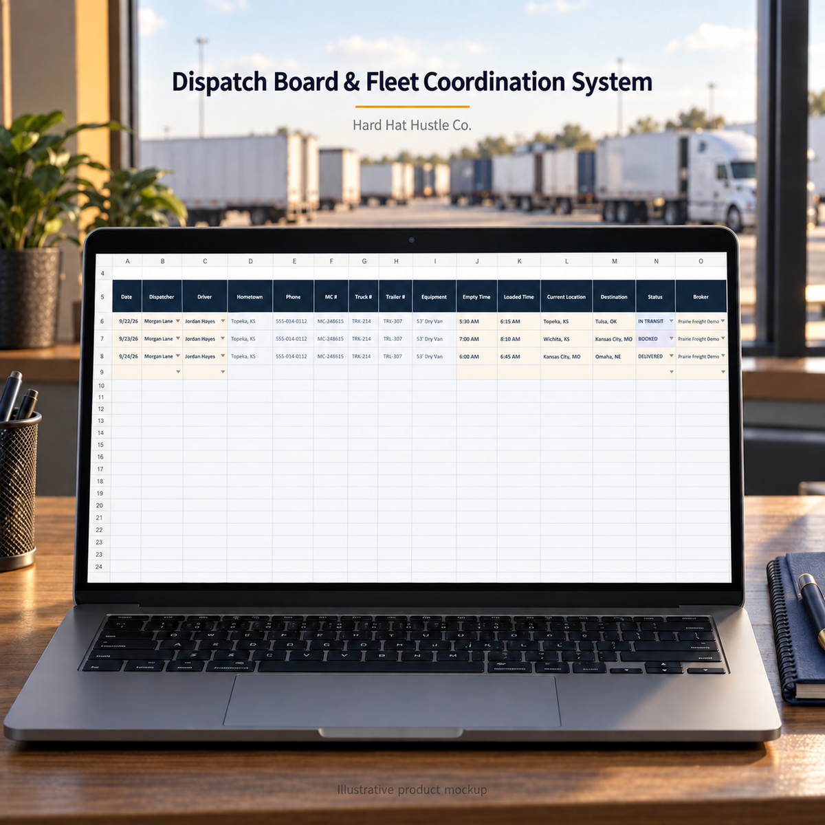 Dispatch Board spreadsheet on a laptop at a freight-yard office; illustrative product mockup