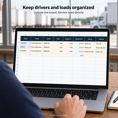 Dispatcher reviewing sample load details, dispatch fees, pickup and delivery entries; illustrative product mockup