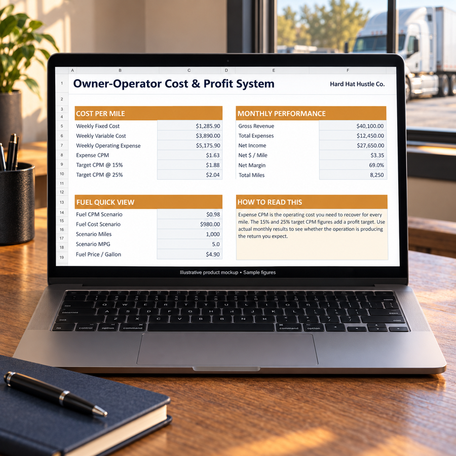 Owner-Operator Cost & Profit System dashboard on a laptop showing sample cost-per-mile and monthly results; illustrative product mockup