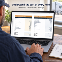Owner-operator reviewing sample weekly and monthly trucking costs on a laptop; illustrative product mockup