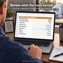Trucker reviewing sample weekly mileage, income, expenses and net results; illustrative product mockup