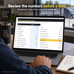Owner-operator reviewing the toolkit’s load profitability example on a laptop; illustrative product mockup